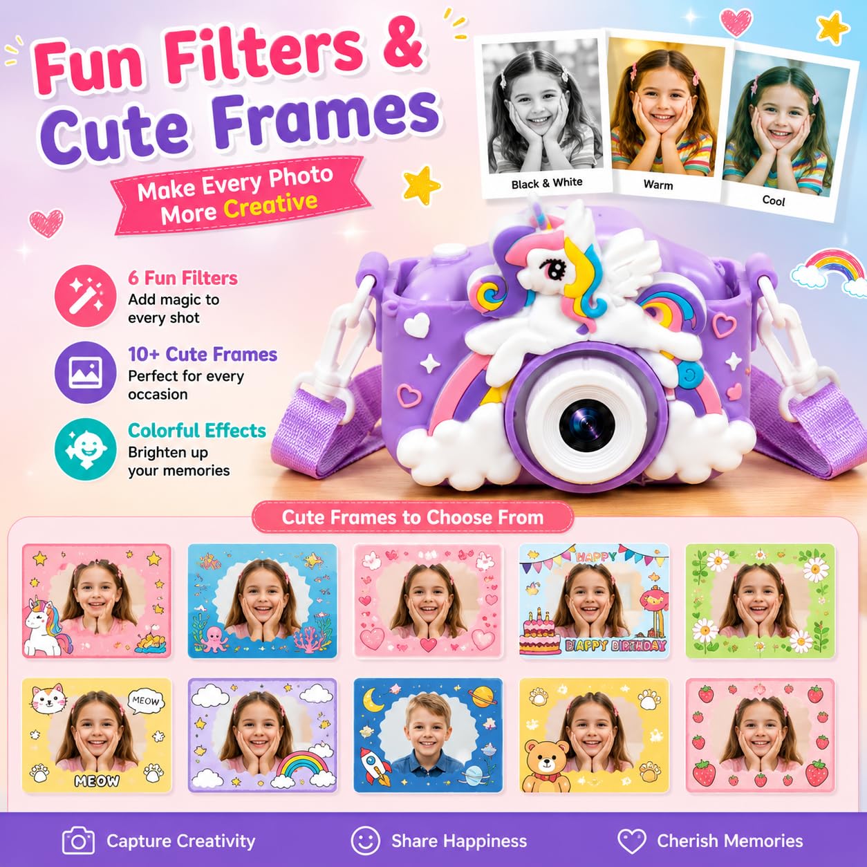Kids Digital Camera for Children – 2 Inch HD Screen, Soft Silicone Character Case, Rechargeable Camera Toy for Boys & Girls
