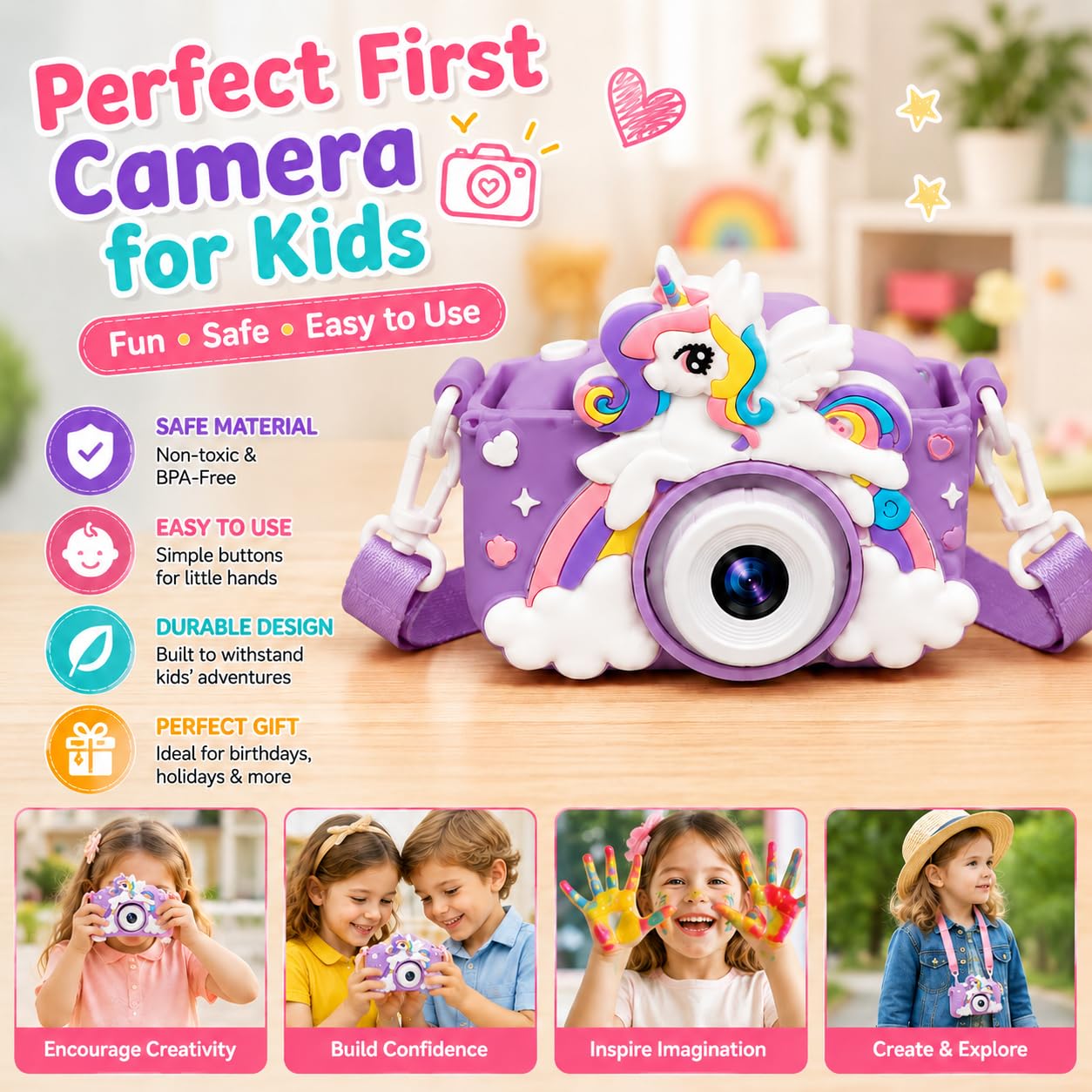 Kids Digital Camera for Children – 2 Inch HD Screen, Soft Silicone Character Case, Rechargeable Camera Toy for Boys & Girls