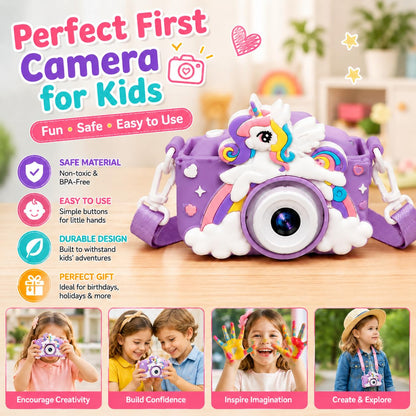 Kids Digital Camera for Children – 2 Inch HD Screen, Soft Silicone Character Case, Rechargeable Camera Toy for Boys & Girls