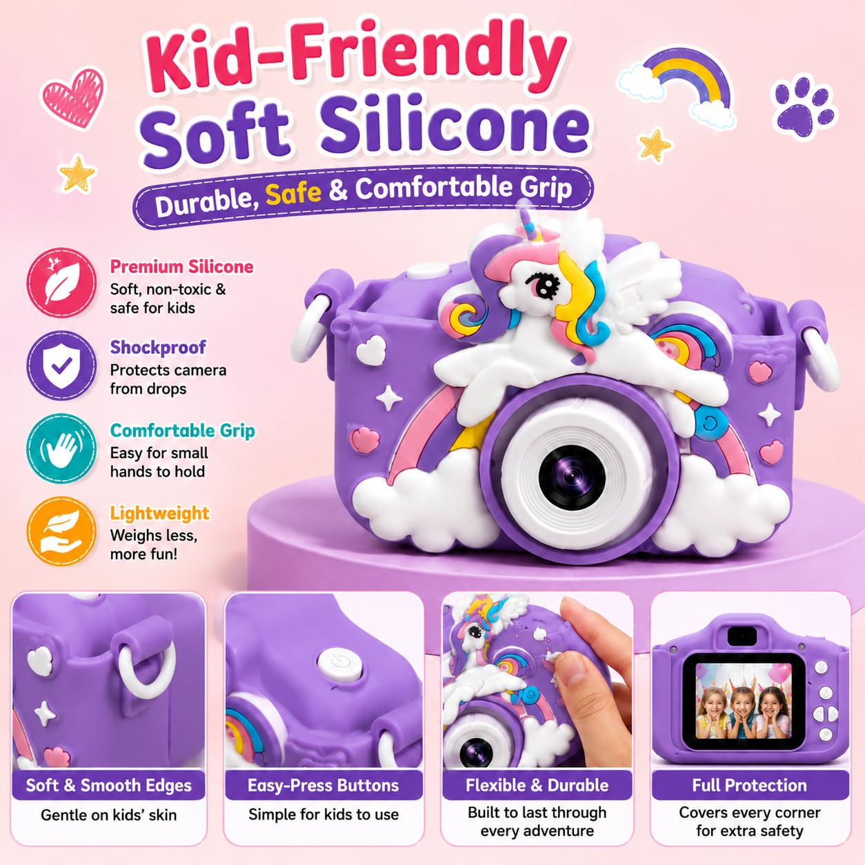 Kids Digital Camera for Children – 2 Inch HD Screen, Soft Silicone Character Case, Rechargeable Camera Toy for Boys & Girls