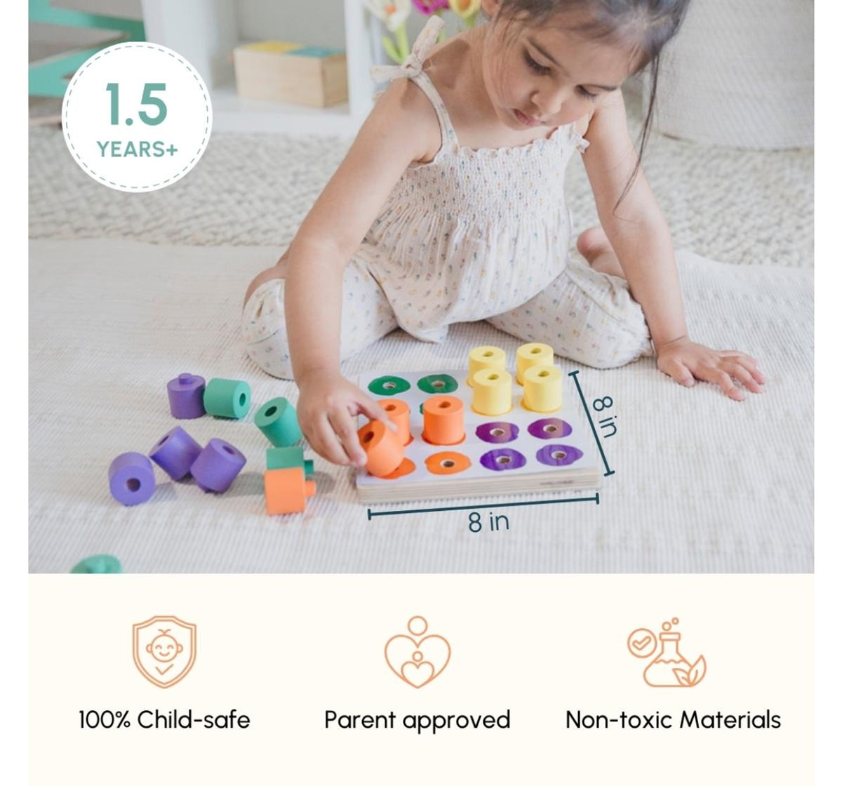 Curious Cub Montessori Stacking and Colour Matching Peg Board, Colour & Pattern Recognition Educational Wooden Toys, 1Y+