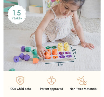 Curious Cub Montessori Stacking and Colour Matching Peg Board, Colour & Pattern Recognition Educational Wooden Toys, 1Y+