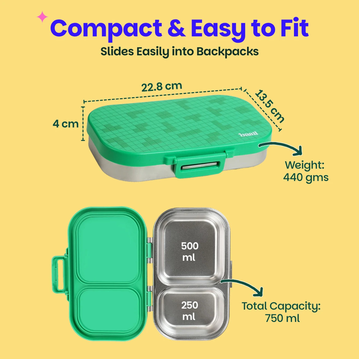 Basil Bento Ace 2C – 2 Compartment Stainless Steel Office Lunch Box, 750 ml | Green