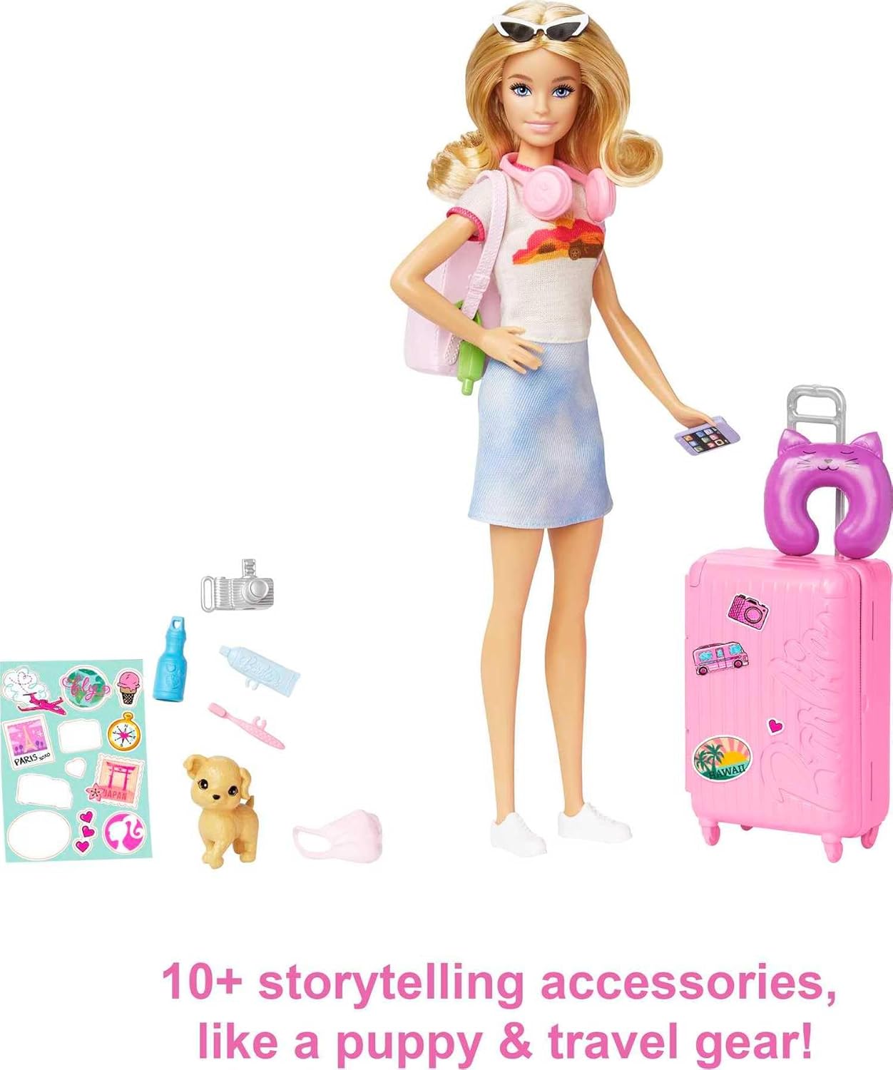 Barbie Doll and Accessories, “Malibu” Travel Set with Puppy and 10+ Pieces Including Working Suitcase HJY18