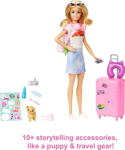 Barbie Doll and Accessories, “Malibu” Travel Set with Puppy and 10+ Pieces Including Working Suitcase HJY18