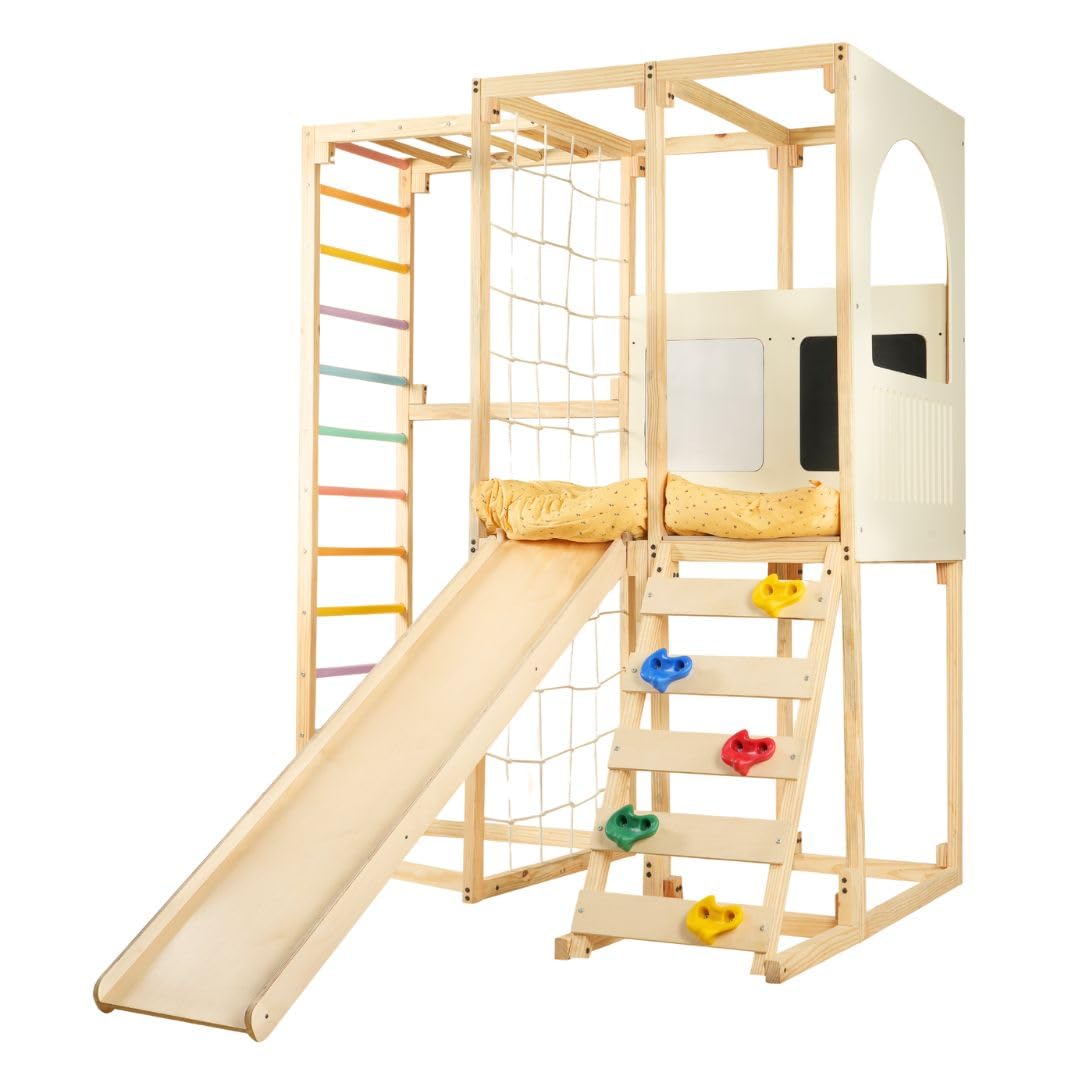 Curious Cub Playloft 8 in 1 Jungle Gym for Kids Indoor | Slide for Kids, Ladder, Drawing Board, Monkey Bars |Rock Climbing At Home|Fun Activity for Ages 2-15 Yrs|Home Play Set for Toddler