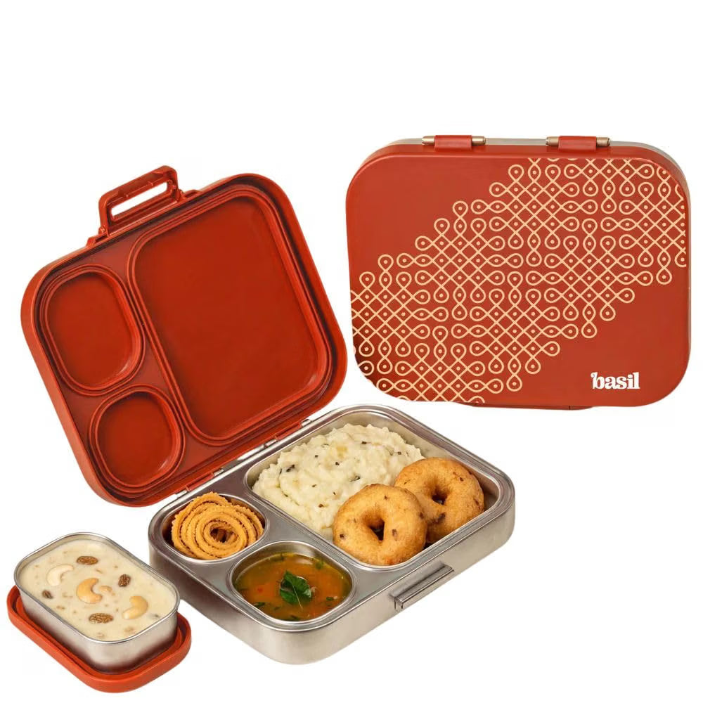 Basil Bento Box Quad Plus 3+1 Compartment Stainless Steel Lunch Box | Tanjore Kolam