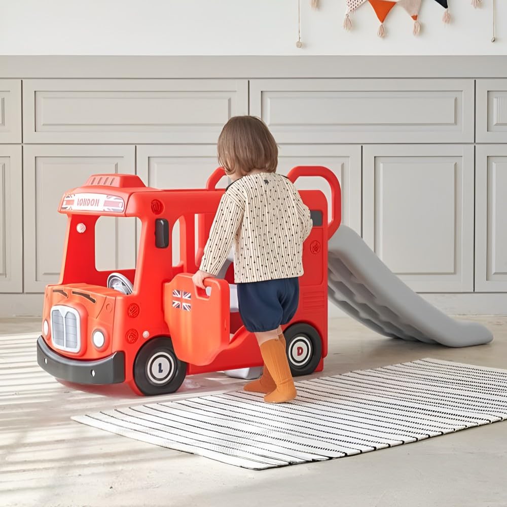 Yaya London Compact Bus Slide, Indoor Play Set with Musical Steering Wheel, HDPE Material, Safety Handle, Non-Slip Stairs, KC Certified for Children