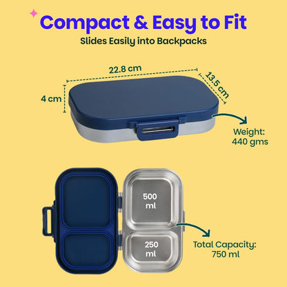 Basil Bento Ace – 2 Compartment Stainless Steel Lunch Box, 750 ml | Classic Blue