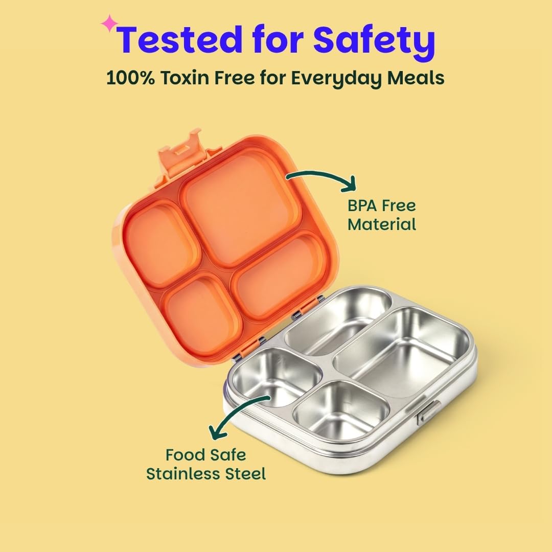 Basil Bento Box Quad – 4 Compartment Stainless Steel Lunch Box, 830 ml | Coral Swirl