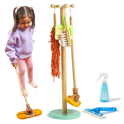 Curious Cub Wooden Kids Cleaning Set | Montessori Toys for 1+ Year Old | 7 Piece Pretend Play Toys for Girls | Broom Set for Kids with Mop,Wiper,Duster,Dustpan &Stand | Pretend Play Toys for Boys