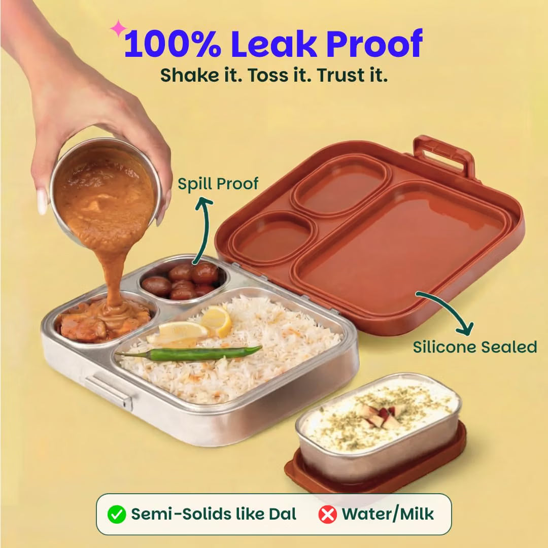 Basil Bento Box Quad Plus 3+1 Compartment Stainless Steel Lunch Box | Tanjore Kolam