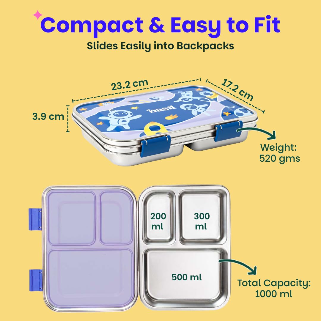 Basil Bento Neo Classic 2025 – 3 Compartment Stainless Steel Lunch Box, 1000 ml | Super Swoosh