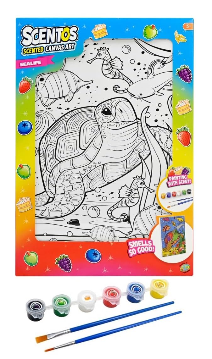 Scentos Canvas Paint Creations Sealife by Fratelli | Pre-Printed Sea Life Theme Canvas Picture, 6 Deliciously Fruity-Scented Paint pots and 2 Brushes(PACK OF 12)