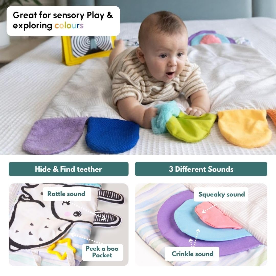 Curious Cub Baby Play Gym-Playmat, Newborn Baby Toy Gift, Baby Activity Gym, Wooden Playgym for Babies, 3 Wooden Baby Mobile Rattles, Sensory Mat, Wooden Play Gym, Hanging Toys, Baby Mirror