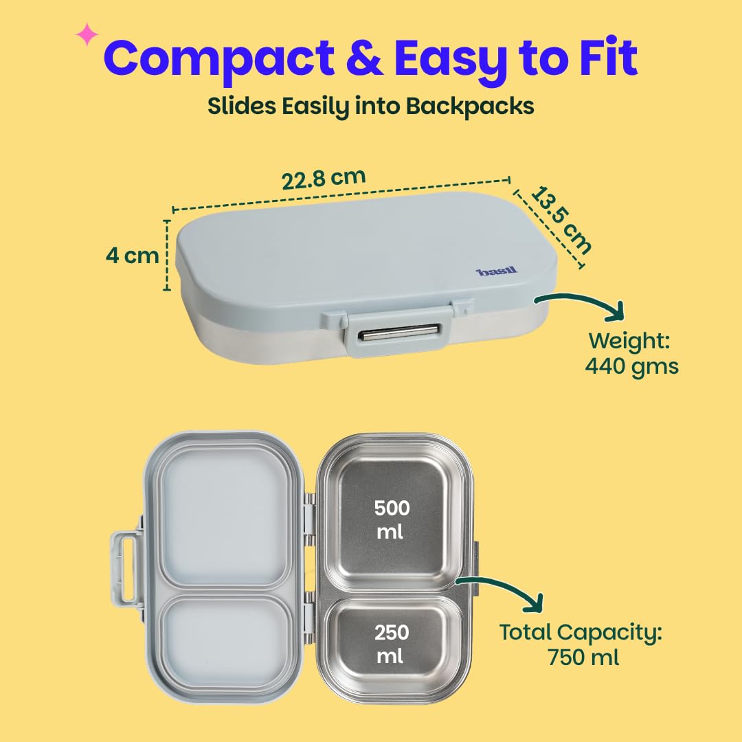 Basil Bento Ace – 2 Compartment Stainless Steel Lunch Box, 750 ml | Classic Grey