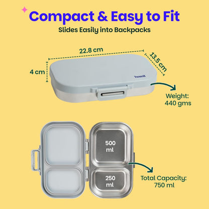 Basil Bento Ace – 2 Compartment Stainless Steel Lunch Box, 750 ml | Classic Grey