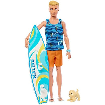 Bar'bie Ken Doll with Surfboard and Pet Puppy, Poseable Blonde Ken Beach Doll with Themed Accessories Like Towel (HPT50)