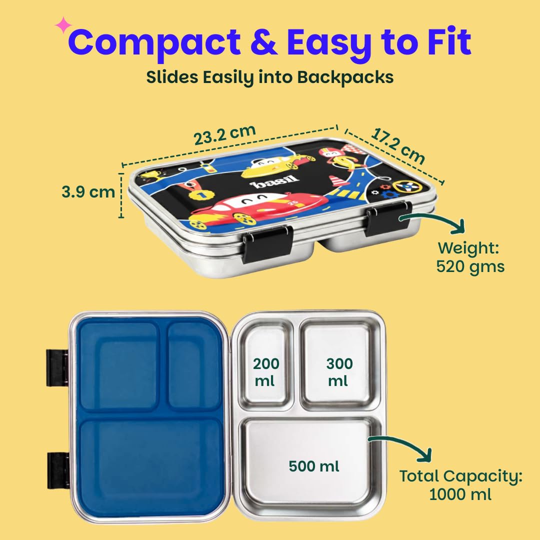 Basil Bento Neo Classic 2025 – 3 Compartment Stainless Steel Lunch Box, 1000 ml | Black Car