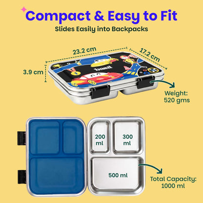 Basil Bento Neo Classic 2025 – 3 Compartment Stainless Steel Lunch Box, 1000 ml | Black Car