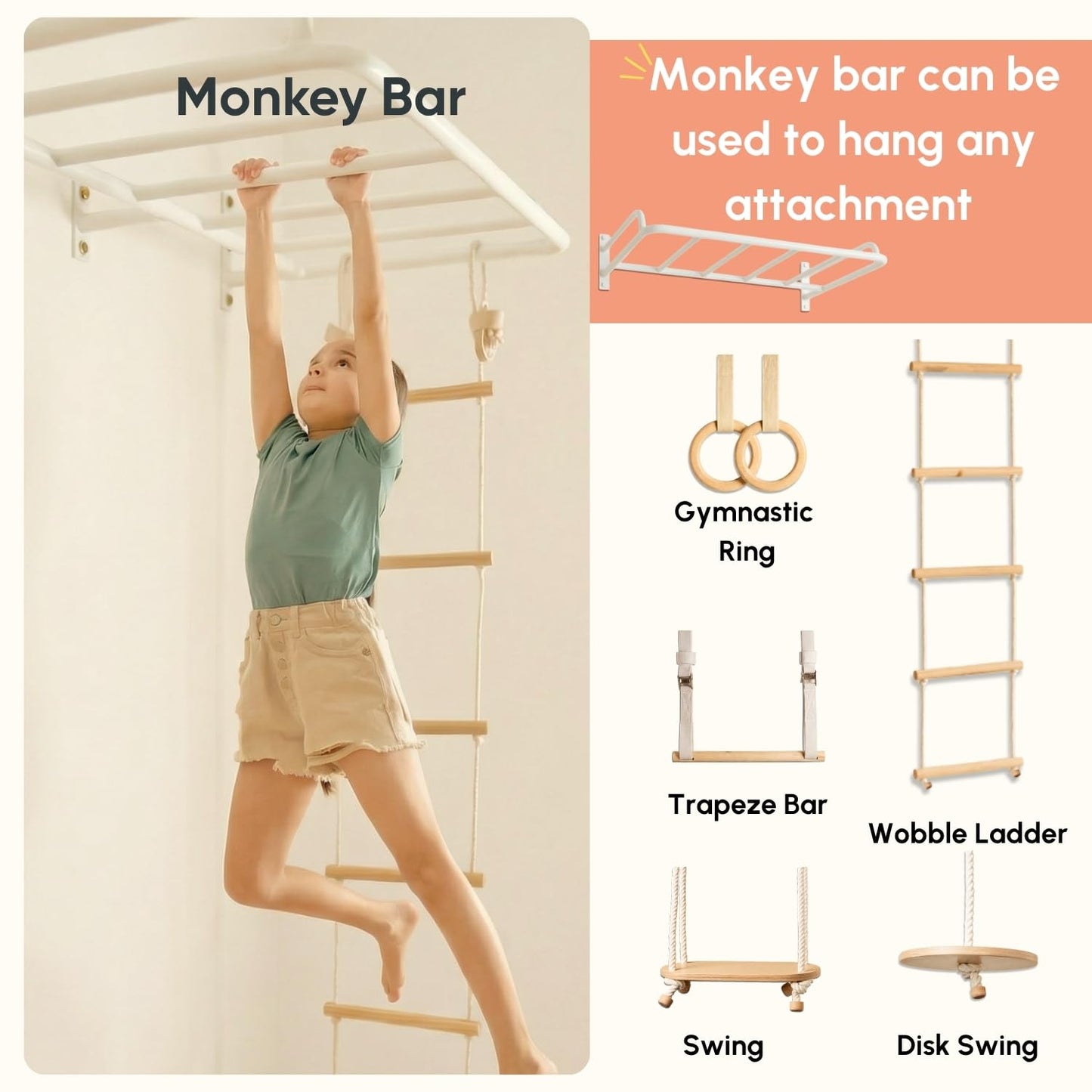 Curious Cub Jungle Gym for Kids Indoor | Kids Gymnastics At Home Gym | Contains Rock Climbing, Wall Climbing for Kids | Ladder for Kids to Play Indoor Fun Activity for Ages 4+(9 FEET)
