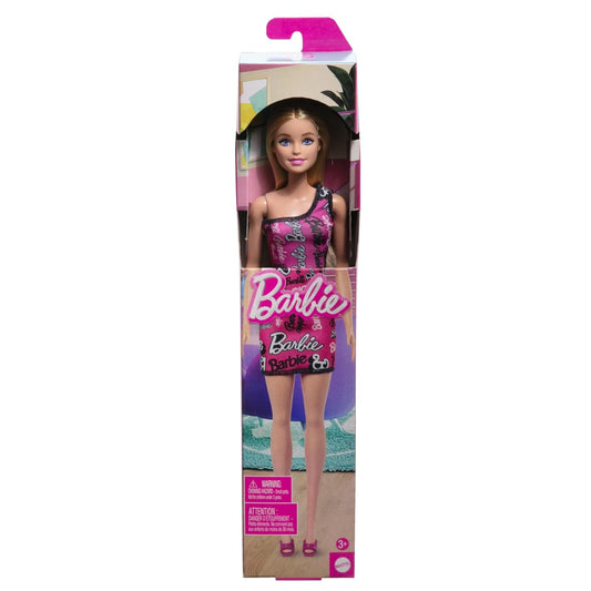 Barbie Fashion Doll with Straight Blonde Hair Wearing Removable Pink One-Shoulder Dress & Shoes with Logo Print