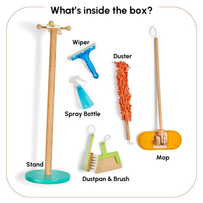 Curious Cub Wooden Kids Cleaning Set | Montessori Toys for 1+ Year Old | 7 Piece Pretend Play Toys for Girls | Broom Set for Kids with Mop,Wiper,Duster,Dustpan &Stand | Pretend Play Toys for Boys