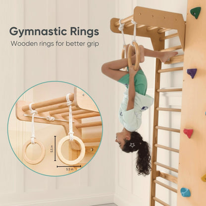 Curious Cub Wall Mounted Jungle Gym Set for Kids | Indoor Climbing Toy for Toddlers with Net Climbing, Ladder, Rock Climbing Wall, Monkey Bar & Gymnastic Rings | Exciting Gym Playset for Kids 2-9 yrs