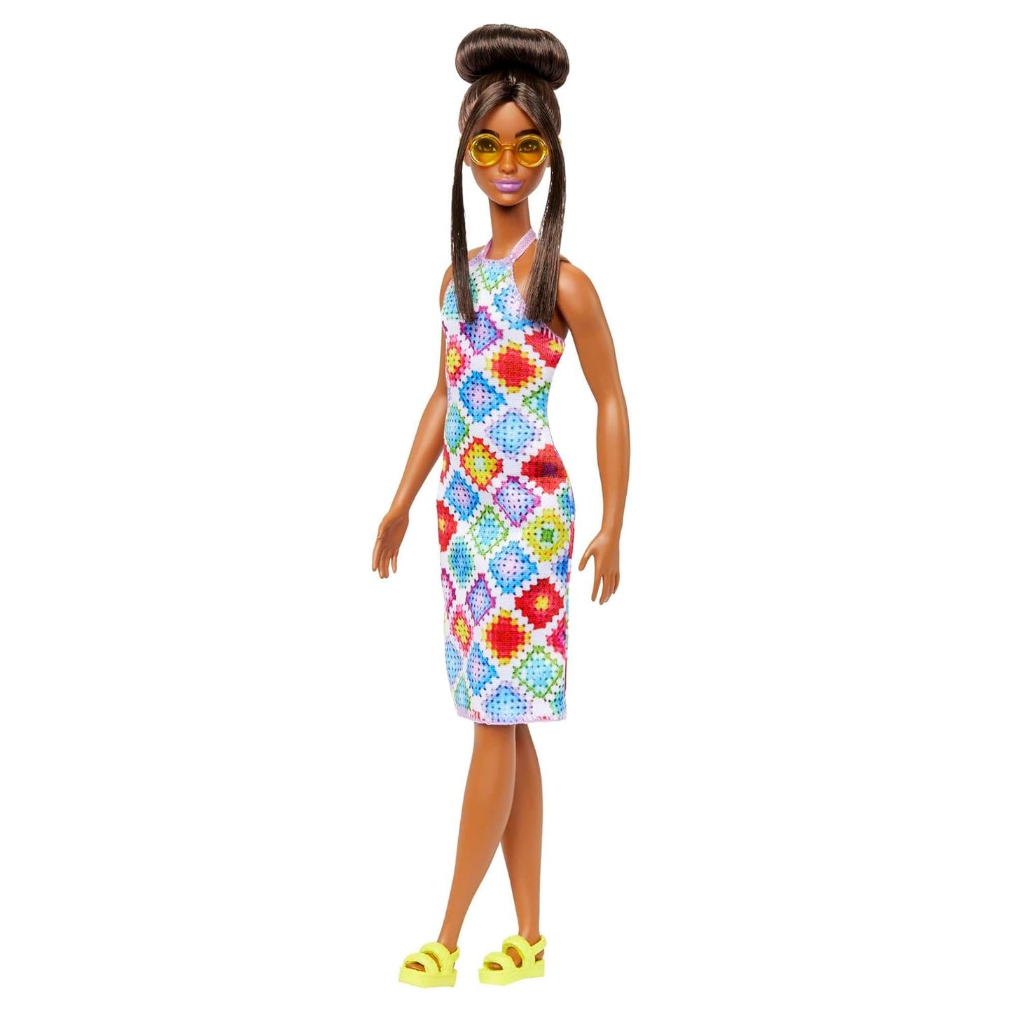 Barbie® Fashionistas™ Doll #210 with Brown Hair in Bun, Wearing Colorful Crochet Halter Dress, Sunglasses and Sandals