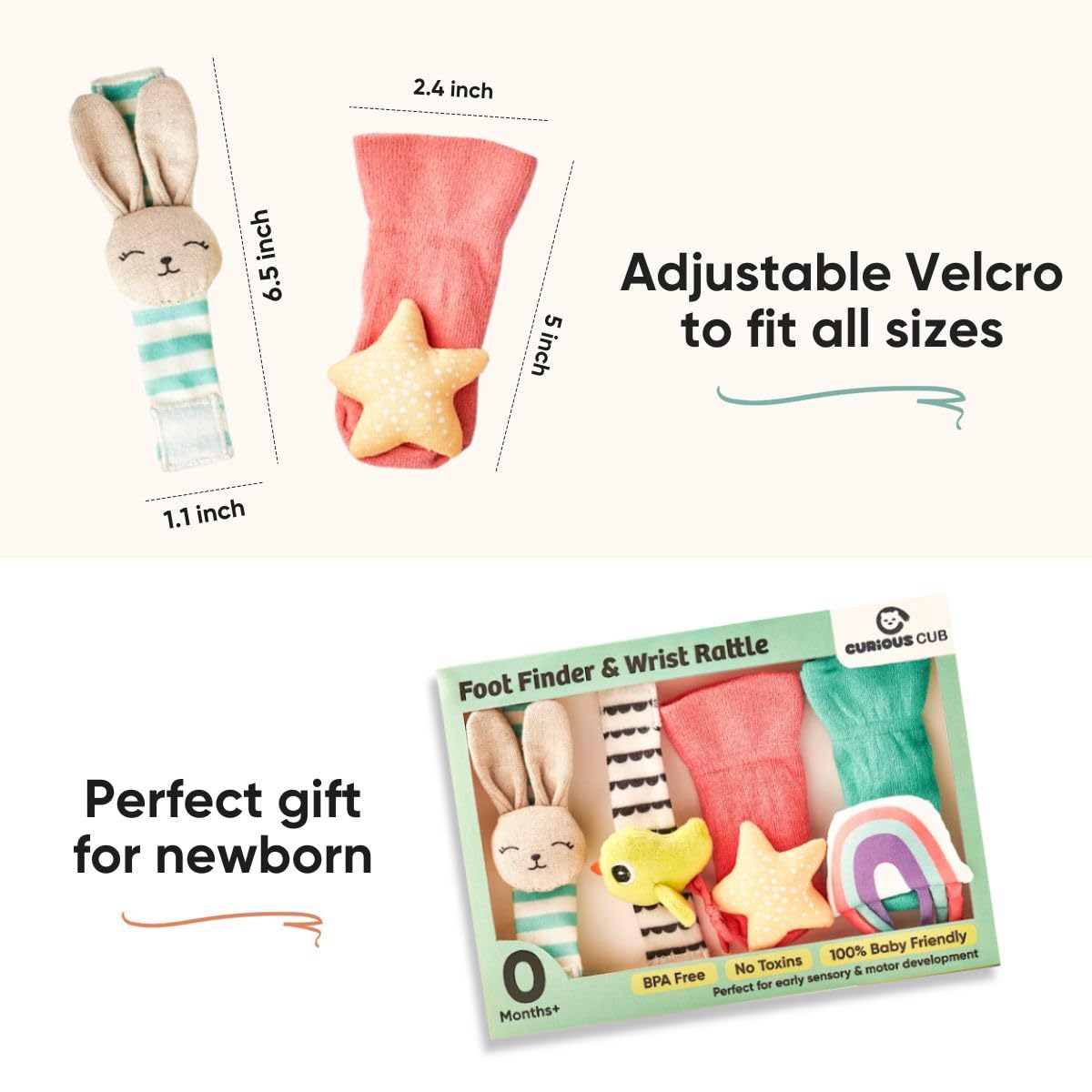 Curious Cub Rattle Set Toy for 0+ Months Babies, New Born Baby Essentials Wrist Rattle & Foot Finder Socks, Made from Baby safe Colors-Soft material, Promotes Tummy time, Ideal New Born baby gift