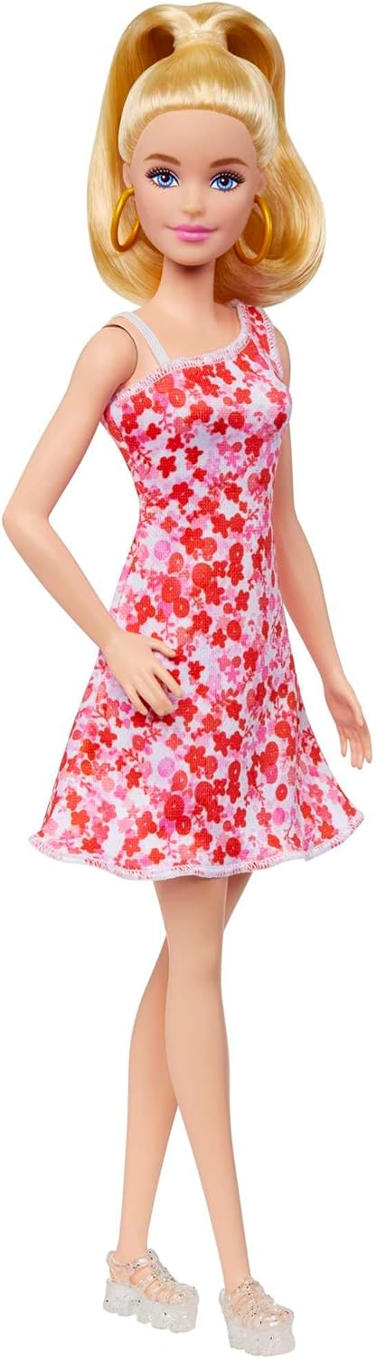 Barbie Fashionistas Doll #205 with Blonde Ponytail Wearing Removable Pink & Red Floral Dress, Platform Sandals & Hoop Earrings