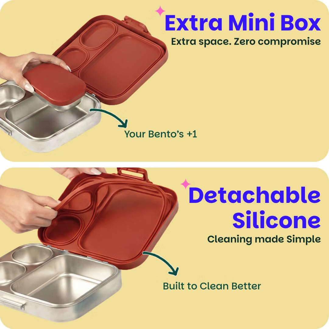 Basil Bento Box Quad Plus 3+1 Compartment Stainless Steel Lunch Box | Tanjore Kolam