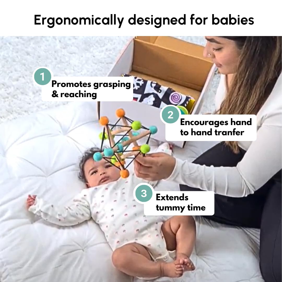 Curious Cub Montessori Geometric Rattle Ball Toy for Babies | Baby Hand Toy | Wooden Rattle for 6+ Month Baby | Promotes Motor Skills, Hand-Eye Coordination & Brain Development