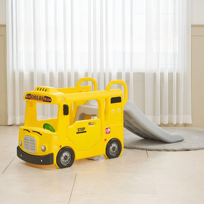 Playwell Yaya School Compact Bus Slide, Indoor Play Set with Musical Steering Wheel, HDPE Material, Safety Handle, Non-Slip Stairs, KC Certified for Children