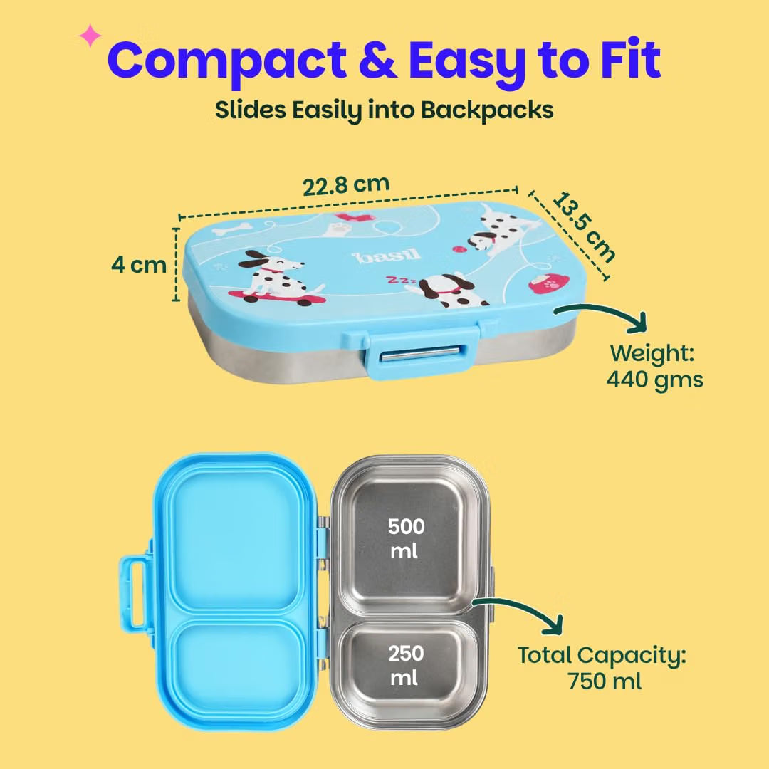 Basil Bento Ace 2 Compartment Stainless Steel Lunch Box – 750ml Leak-Proof Tiffin