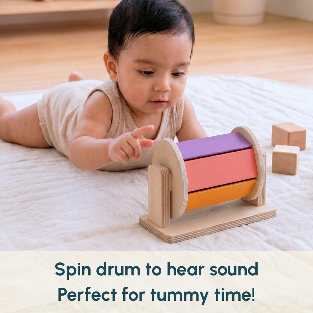 Curious Cub Montessori Spinning Drum for Babies 3 Months-18 Months | Spinning Rainbow Wheel Baby | Tummy Time Toy | Develops Fine Motor Skills | Educational Toy for Early Development