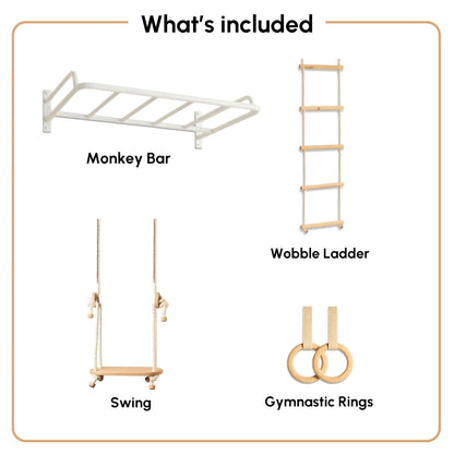 Curious Cub All-in-One Monkey Bars for Kids Indoor Wall Mounted | Kids Pull Up Bar for Home Gym with Swing, Gymnastic Rings & Climbing Ladder | Indoor Jungle Gym Equipment (4+ Years)