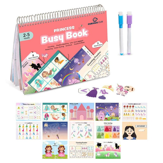 Curious Cub Montessori Princess Busy Book | Toddler Busy Binder for 2-5 Years | Activity Book with Counting, Colour Sorting, & Wipe-Clean Pages | Learning Books for 2+ Year Old