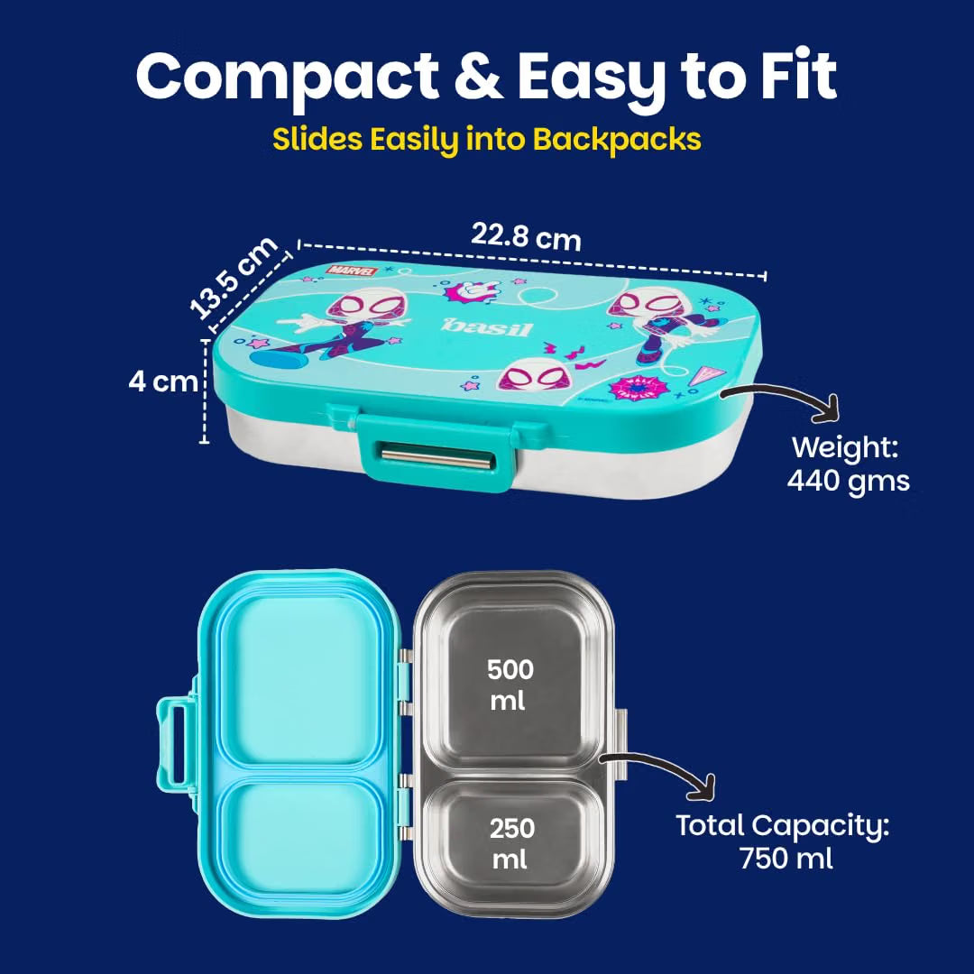 Basil Bento Ace 2-Compartment Stainless Steel Lunch Box Leakproof School Tiffin
