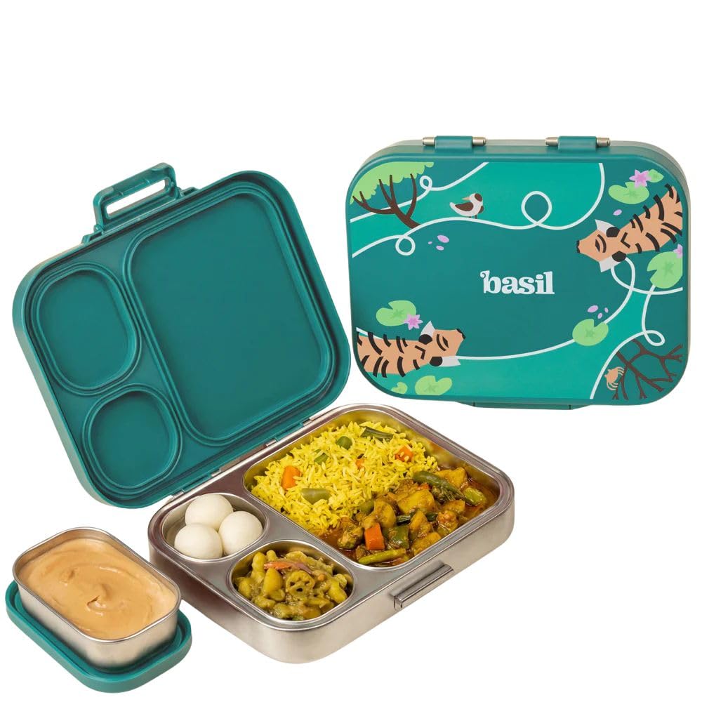 Basil Bento Box Quad Plus 3+1 Compartment Stainless Steel Lunch Box | Bengal Bagh