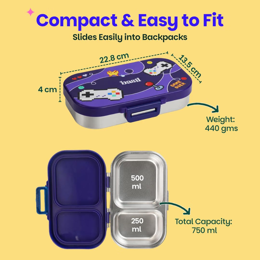 Basil Bento Quad 4-Compartment Stainless Steel Lunch Box – 800ml Leak-Proof Tiffin