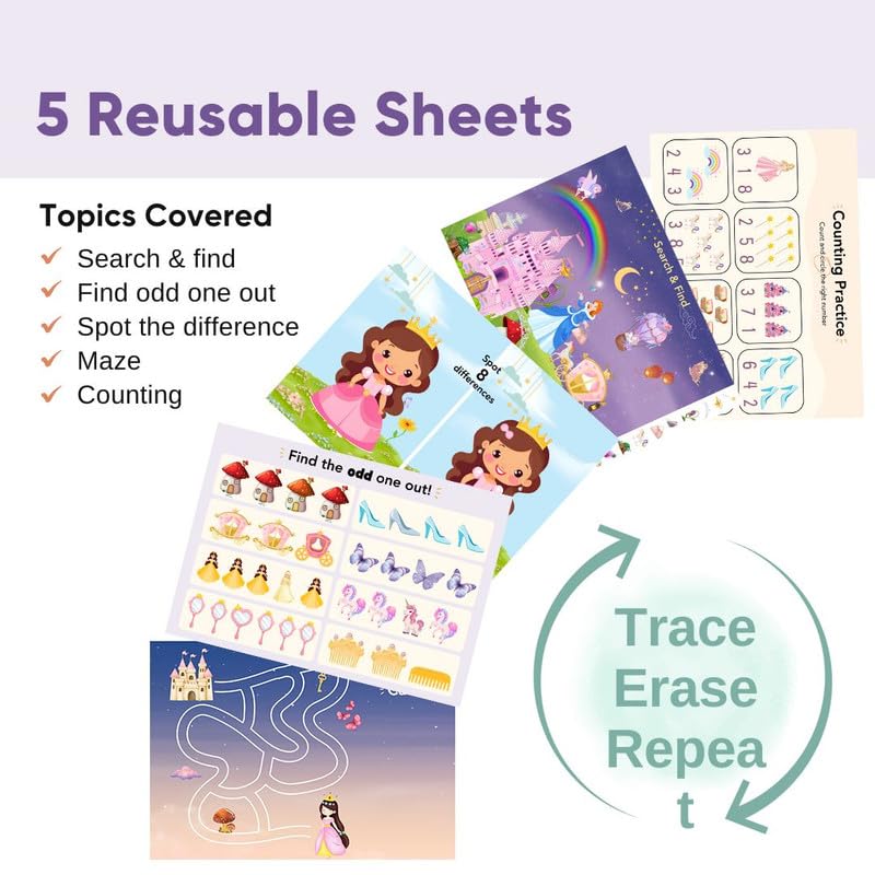 Curious Cub Montessori Princess Busy Book | Toddler Busy Binder for 2-5 Years | Activity Book with Counting, Colour Sorting, & Wipe-Clean Pages | Learning Books for 2+ Year Old