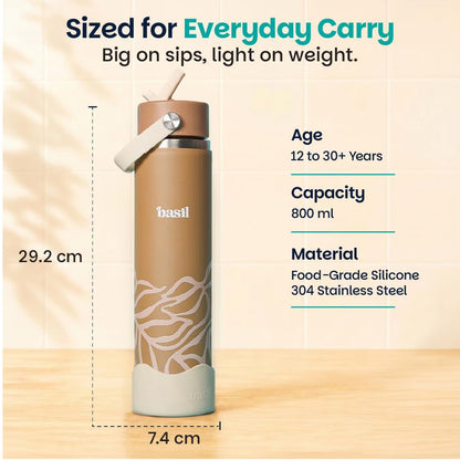 Basil HydraFizz 800ml Insulated Stainless Steel Sipper Bottle – Leakproof with Carry Handle