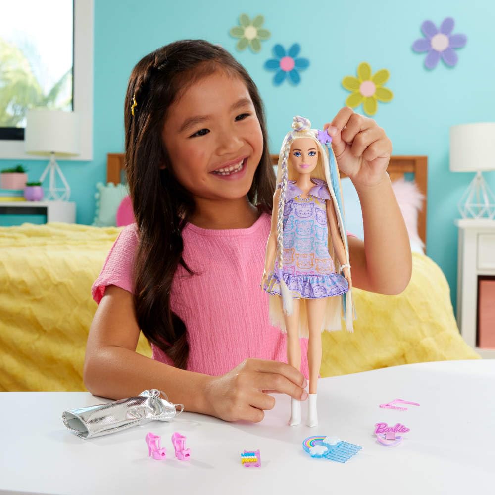 Barbie Fun & Fancy Doll & Accessories, Blonde Fashion Doll with Extra-Long Hair & 2 Looks, Including Silver Metallic Dress & Hair Extension JCT72