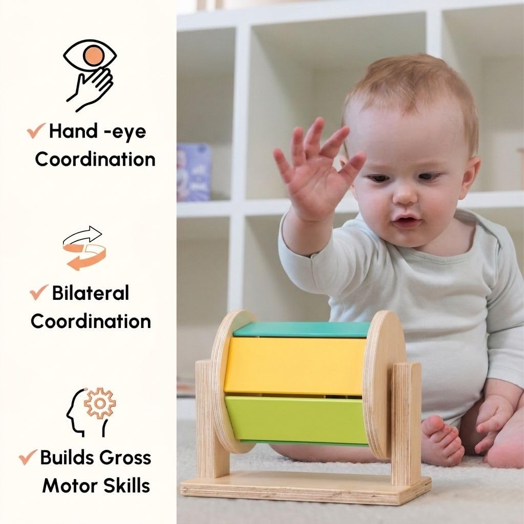 Curious Cub Montessori Spinning Drum for Babies 3 Months-18 Months | Spinning Rainbow Wheel Baby | Tummy Time Toy | Develops Fine Motor Skills | Educational Toy for Early Development