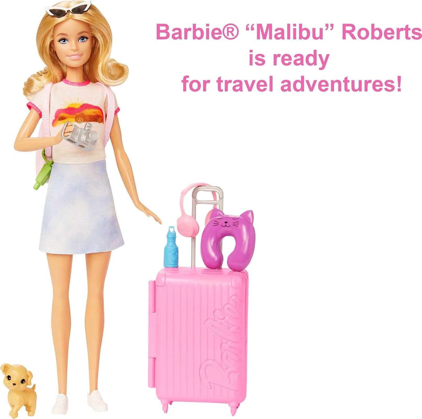 Barbie Doll and Accessories, “Malibu” Travel Set with Puppy and 10+ Pieces Including Working Suitcase HJY18