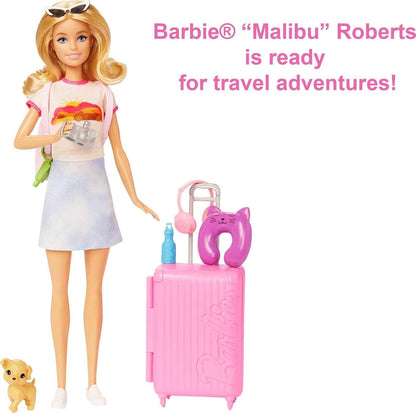 Barbie Doll and Accessories, “Malibu” Travel Set with Puppy and 10+ Pieces Including Working Suitcase HJY18