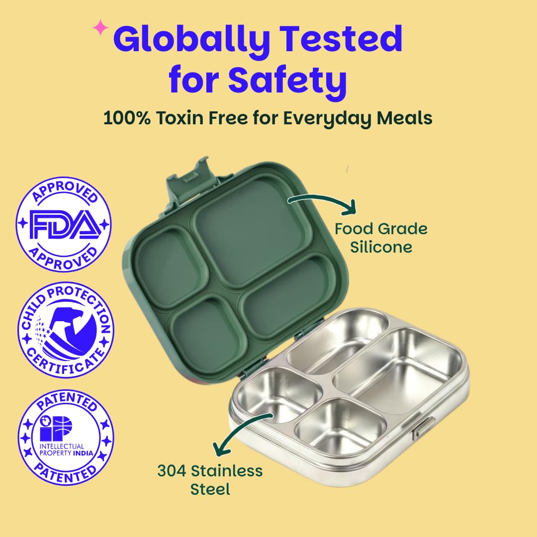 Basil Bento Box Quad – 4 Compartment Stainless Steel Lunch Box, 830 ml | Emerald Moss