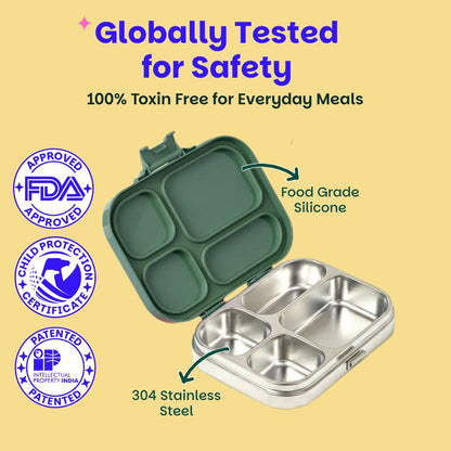 Basil Bento Box Quad – 4 Compartment Stainless Steel Lunch Box, 830 ml | Emerald Moss