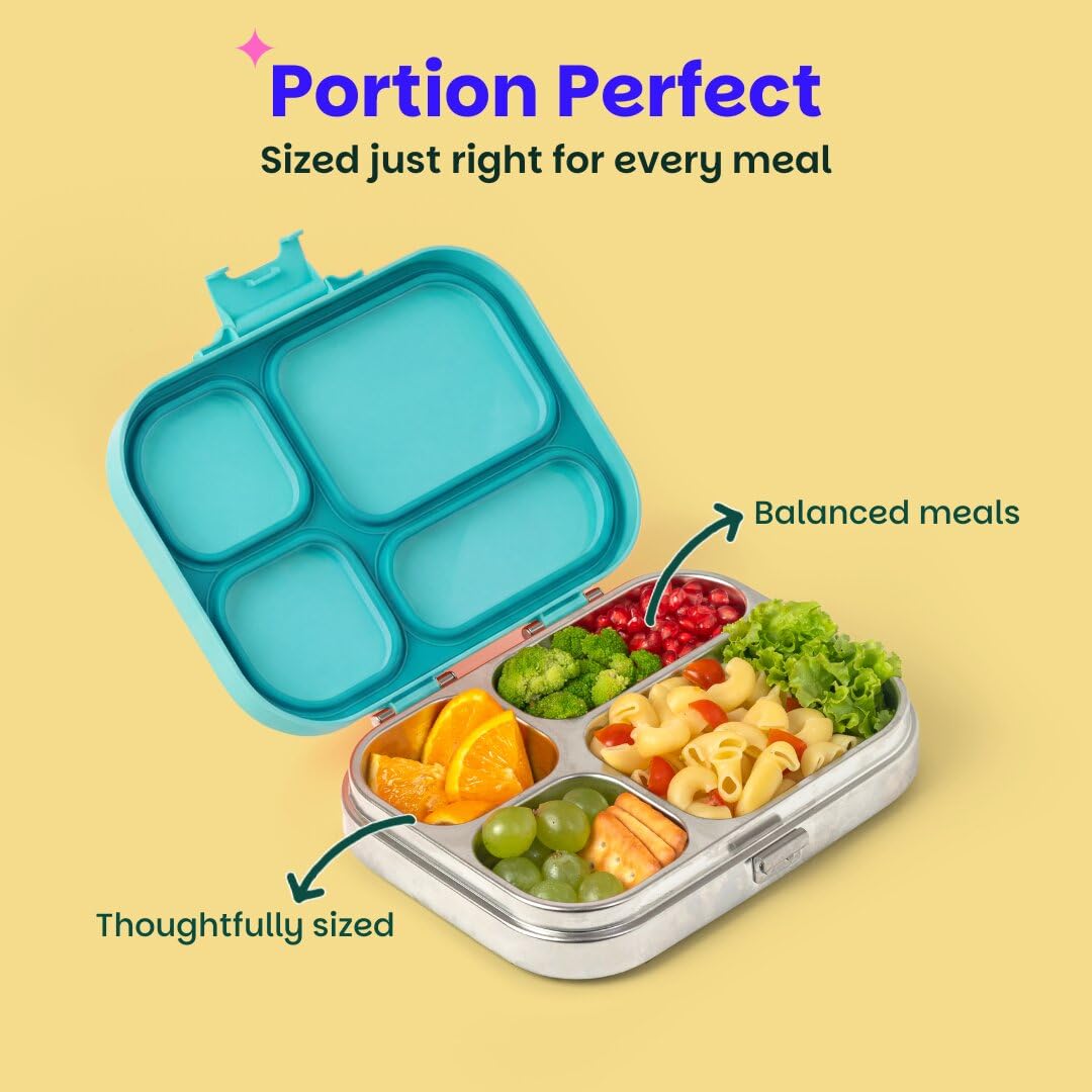 Basil Bento Box Quad – 4 Compartment Stainless Steel Lunch Box, 830 ml | Teal Garden